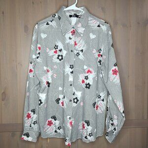 Vintage Tapestry Shirt Women Large Gray Button Up Roll Tab Sleeve Floral Heart